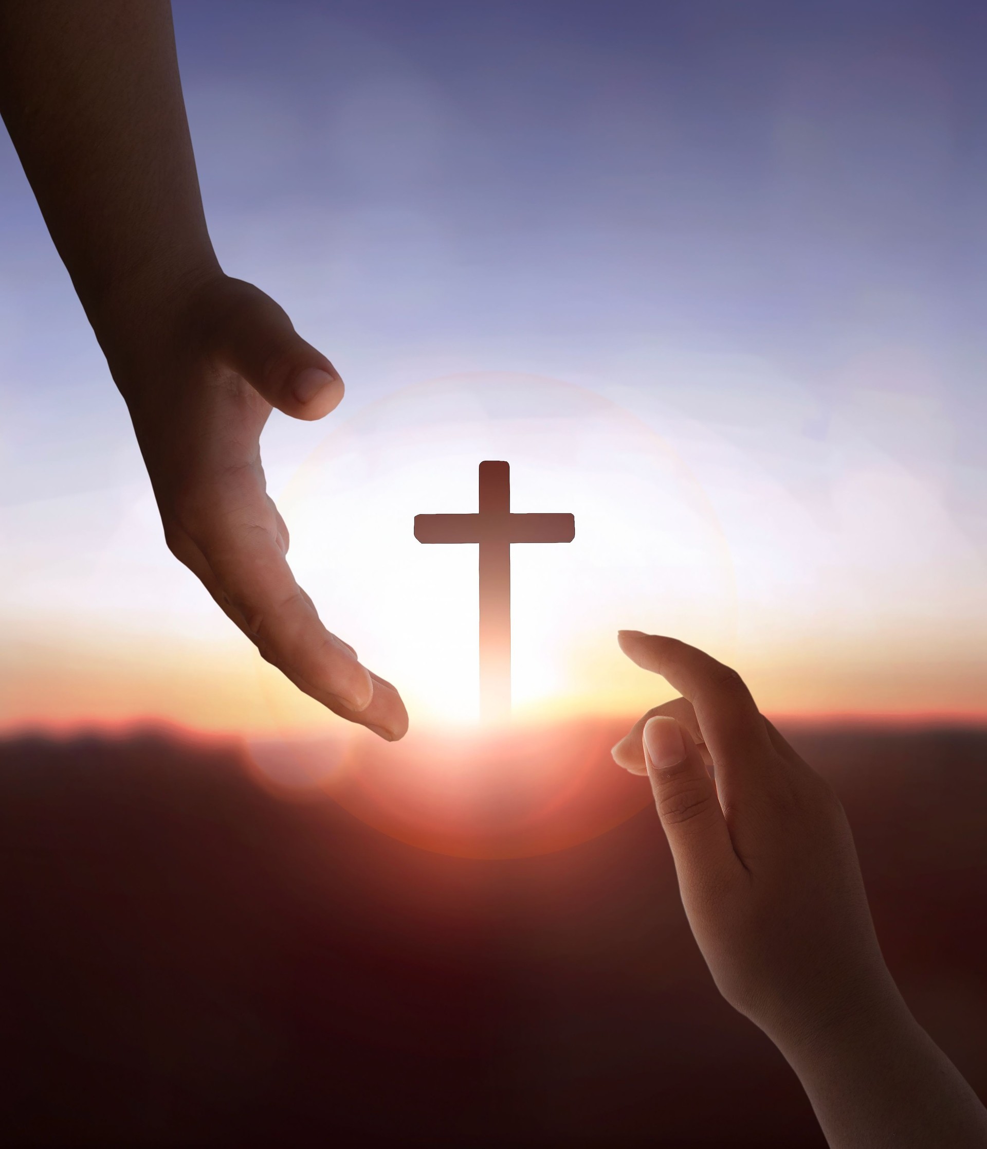 Jesus Christ reaching out to help human on cross background